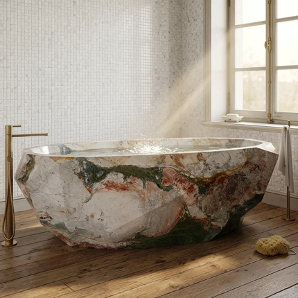 New Natural Four Season Marble Bathtub Curved Shape Solid Stone Tub For Contemporary Apartment Home Indoor Decor