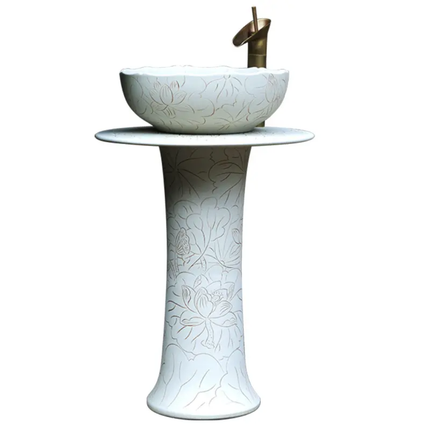 Modern Fancy Round Ceramic Washbasin White Freestanding Pedestal Sink with Floral Motif