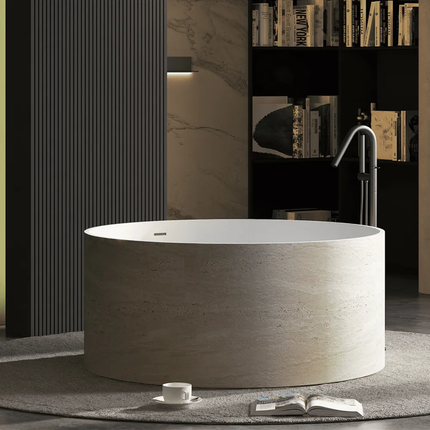 Modern Freestanding Solid Surface Eco-friendly Round Soaking Bathtub With Drainer and Center Drain White Textured Surface finish