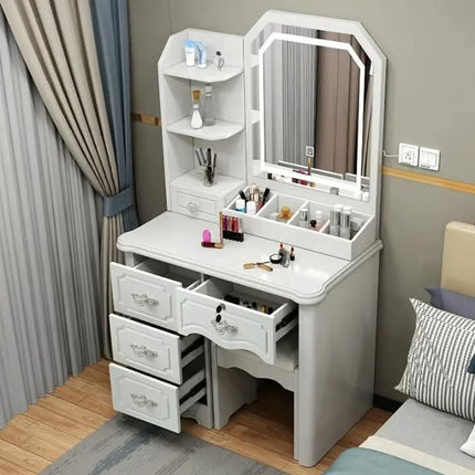 Modern White Wood Makeup Dressing Table With LED Light Large Mirror Cushioned Stool Panel Style Drawers For Bedroom