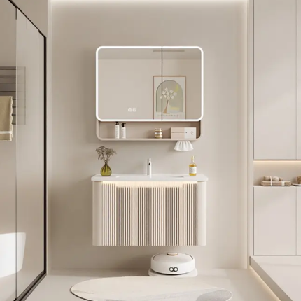 Wall-mounted Nordic cream-style bathroom cabinet with multi-functional storage and an integrated ceramic basin