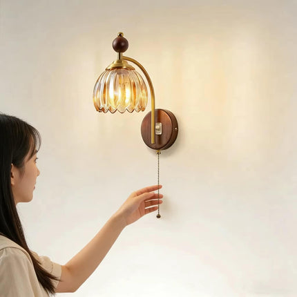 Medieval Style LED Iron Frame Glass Bell Shade Wall Lamp For Living Room and Corridor Pull-Chain Control