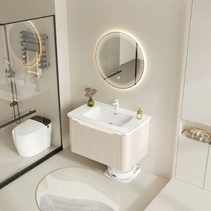 Wall-mounted Nordic cream-style bathroom cabinet with multi-functional storage and an integrated ceramic basin