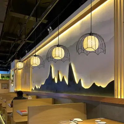Fashion Creative Rattan Living Room Background Wall Chandelier Practical Iron Restaurant Bar E27 Pendant Light