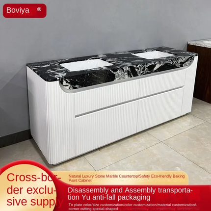 All-in-one seamless natural marble countertop with bath mirror floor-to-floor rubber wood bathroom cabinet for bathrooms