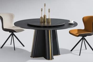 Modern Round Rotating Stable Dining Table Set With Carbon Steel Table Base And Faux Leather Chairs | 4 Seater For Hotel Use