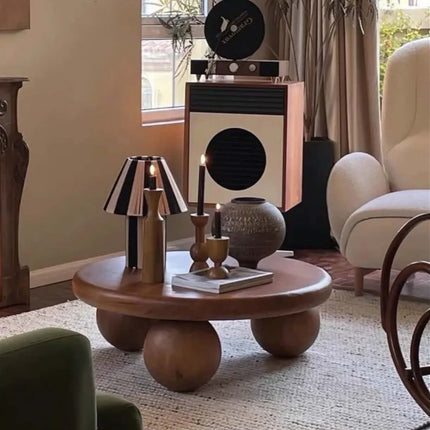Made of concrete Solid Wood Coffee Table Three Big Spherical Thick Legs Wabi Sabi Retro American Mid-Century Style For Living Room Villa Lounge