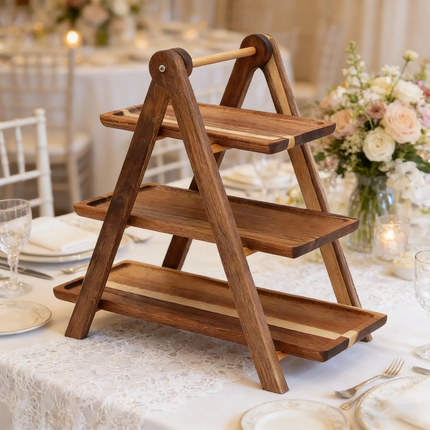 High Quality Solid Acacia Wood Three-Tier Serving Tray Modern Design Polished Eco-Friendly Party Tray