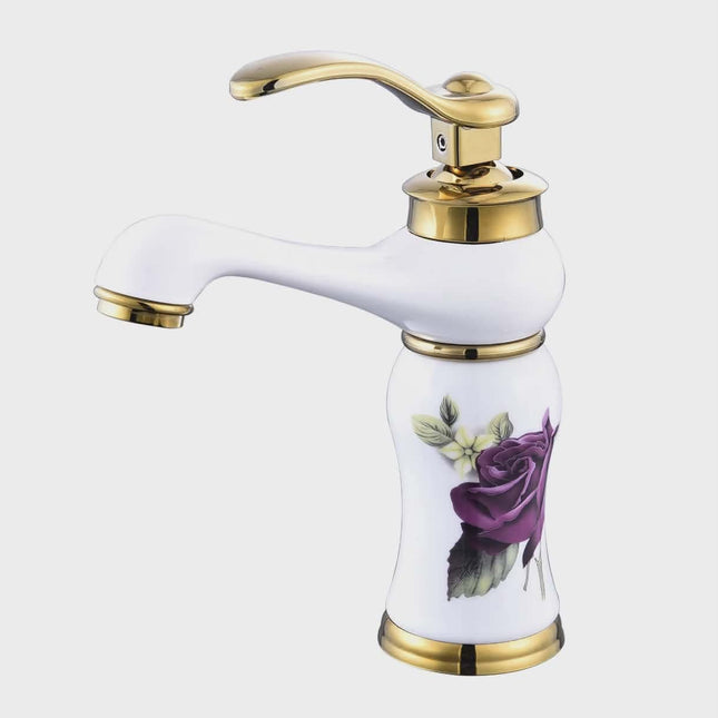 Luxury White & Gold Bathroom Faucet with Floral Rose Design – Elegant Single Handle Sink Mixer Tap