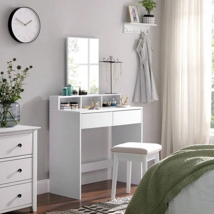 White Modern Standing Panel Assembled Lighted Mirror Wood Dressing Table 1 Piece Makeup Bedside Desk Dresser For Bedroom