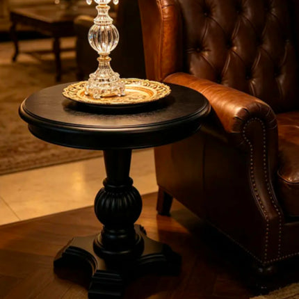 Black Solid Wood Round End Table Classic Carved Pedestal Side Table Vintage Nightstand For Living Room Bedroom