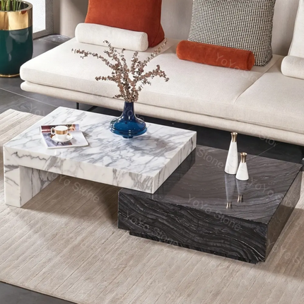 Architectural marble coffee table white and gray natural stone glasses H30 Low nesting center table for luxury living room villa