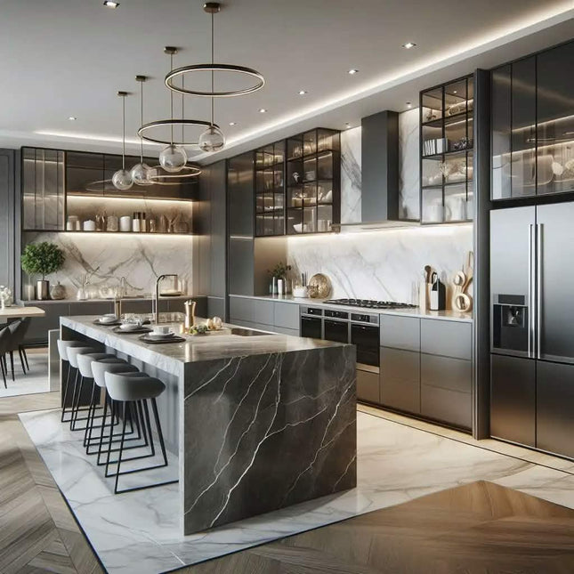 CBMmart RTA Modular Kitchen Cabinets Custom Aluminum Frame Glass Door Design Plywood Carcass Laminated Drawer Basket LED Strip