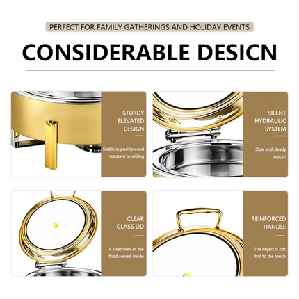 4-Colour Elegant Dual-Use Chafing Dish Stainless Steel Buffet Warmer with Hydraulic Lid Round Square Rectangular Shapes