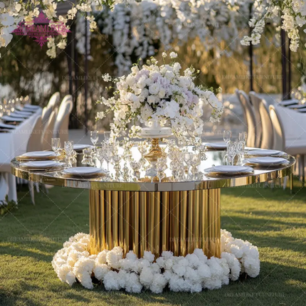 Modern Gold Stainless Steel Metal Glass Top Round 8-Seater Dining Table For Hotel Outdoor Patties and Events