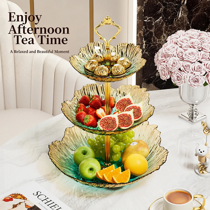 Luxury 2/3 Tier Gradient Petal Plastic Fruit Plate Crown Gold Handle Food Grade Snack Candy Serving Tray For Wedding Party Decor