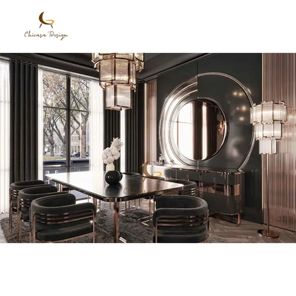 High-End Luxury Rectangular Marble Dining Set – Gold Stainless Steel Base, 8 Seater for Villa