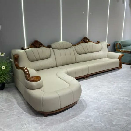 High End Genuine Leather Tufted Sofa Set European Modern Corner L-Shape Luxury Solid Wood Frame Apartment Living Room Furniture