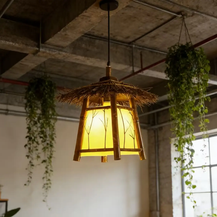 Tiki Hut Style Bamboo Pendant Light Handmade Thatched Roof Hanging Lamp for Tropical Restaurant Beach Hotel Tiki bar Decor