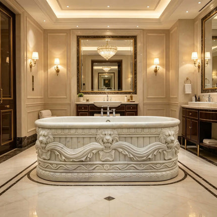 Luxury Hand Carved White Marble Freestanding Bathtub with Lion Heads for Villa Hotel Spa & Palace Bathroom Decor