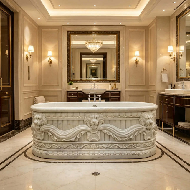 Luxury Hand Carved White Marble Freestanding Bathtub with Lion Heads for Villa Hotel Spa & Palace Bathroom Decor