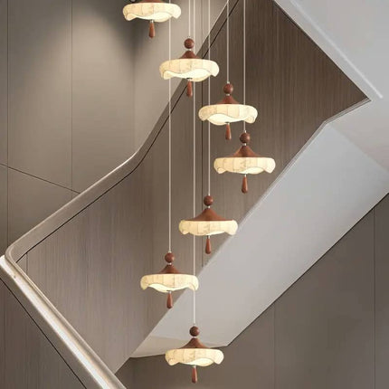 Staircase High Ceiling Chandelier Minimalist Villa Duplex Loft Stairs Hanging Lights Walnut Wood Color Chandelier Lighting