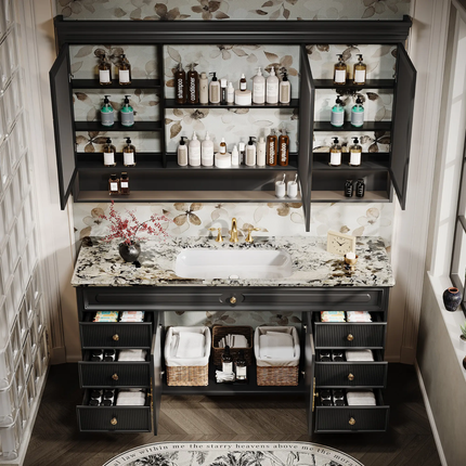 French retro bathroom vanity with ceramic basin and smart mirror Eco-friendly storage for hotel & villa bathrooms