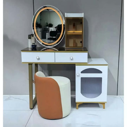 Contemporary Luxury Eco- Friendly  Durable Dressing Table Gold -Trim Makeup Vanity Fluted Drawers LED Light-Up Mirror Ribbed  Glass