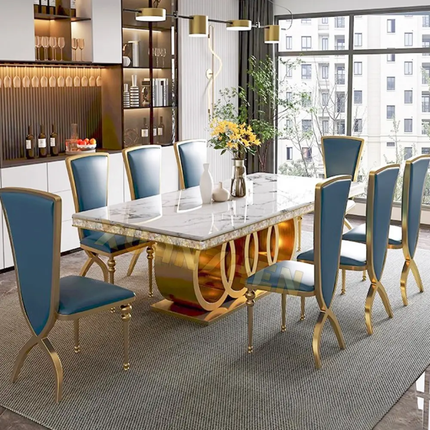 Modern Marble Dining Table Set – Rectangular Table with Chairs, Ideal for Dining Rooms and Restaurants