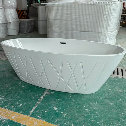 Acrylic Soaking Standing Bathtub White Oval Apron Withe Acrylic Freestanding Bath Tub with Decorative Pattern Surface Design