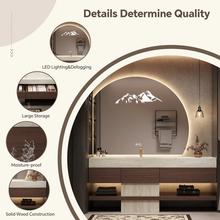 Classic minimalist floating bathroom vanity with sintered stone integrated basin & smart LED mirror solid wood