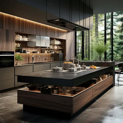 Customize Modern Wood Veneer Plywood Cabinets with Island Foshan Factory Custom Modular Cabinet with Free 3D Service
