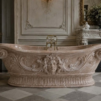 High End White Marble Bathtub With Lion Head And Scroll Carving Freestanding Luxury Stone Tub For Hotel Bathroom Decor