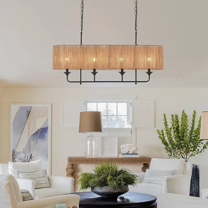 Boho Chandelier Coastal 2 Layers Hand Woven Rattan Pendant Light Linear Large Island Light for Dining Room Kitchen Living Room