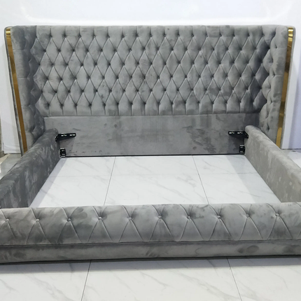 Opulent Grey King Bed - Modern Italian Design, Button-tufted Premium Fabric with Gold Accents