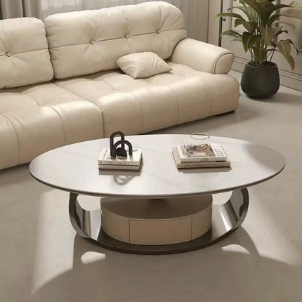 Home furniture living room table round oval modern center table luxury stainless steel smart marble coffee tables with drawer