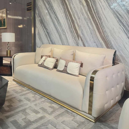 Luxury Modern White Sofa with Gold Trim – Contemporary Upholstered Living Room Couch for Elegant Home Interiors