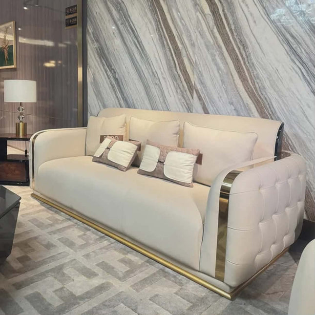 Luxury Modern White Sofa with Gold Trim – Contemporary Upholstered Living Room Couch for Elegant Home Interiors