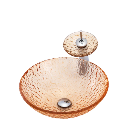 Bathroom Manufacturers Orange Transparent Art Glass WashBasin Bathroom Round Above Table Basin With Waterfall Faucet