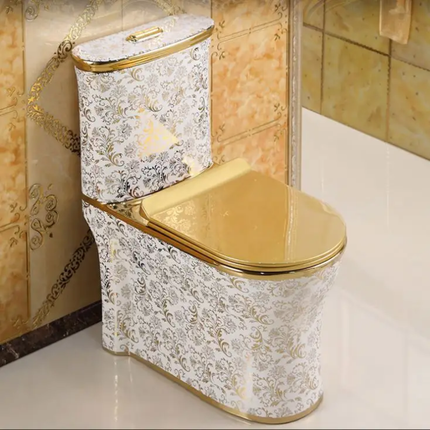White Gold Floral Pattern Toilet Italian Design Elegant Bathroom Masterpiece