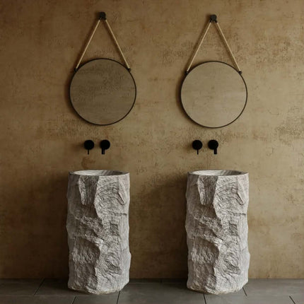 Wabi Sabi White Wood Grain One Piece Cylindrical Free Standing Sink Artificial Stone Bathroom Marble Design Pedestal Wash Basin