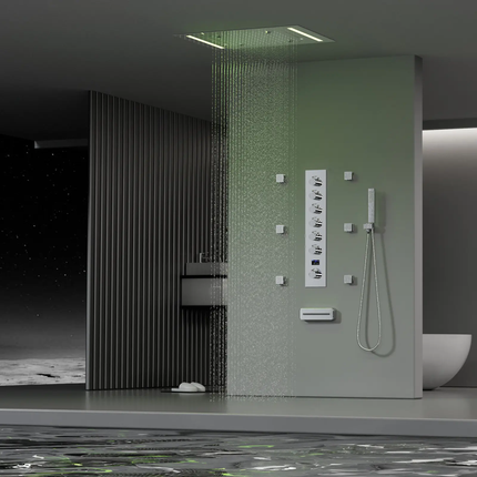 Contemporary Bathroom LED Display Shower Systems Thermostatic Faucets With Brushed Gold Valves Rain & Massage Jet Spray Patterns