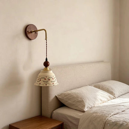 French Mid Century Ceramic Wall Lamp Japanese Retro Solid Wood Structure for Bedroom Bedside Hall Corridor Background Wall Decor