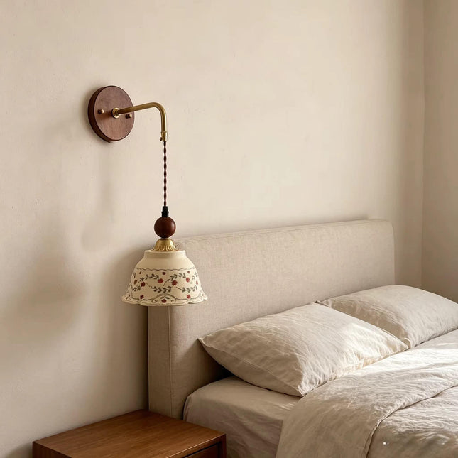 French Mid Century Ceramic Wall Lamp Japanese Retro Solid Wood Structure for Bedroom Bedside Hall Corridor Background Wall Decor