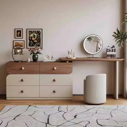 Solid Wood Walnut Color Dresser With LED Lighted Mirror Extendable Makeup Vanities For Bedroom Furniture For Apartments