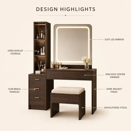 Modern Custom Makeup Vanity Dresser With LED Mirror Drawers & Storage Cabinet-Wooden Bedroom Furniture