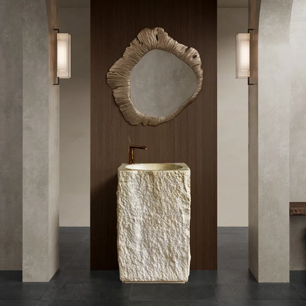 Japanese Wabi Sabi Chic Cream Color Square Marble Pattern Artificial Stone Pedestal Sinks Bathroom Wash Basin for Home Hotel