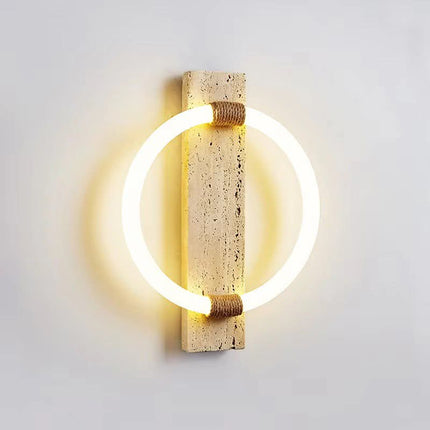 Natural Travertine MidCentury LED Wall Sconce Wabi Sabi Rope Wrapped Circular Warm White Light Bedroom Farmhouse Indoor Decor