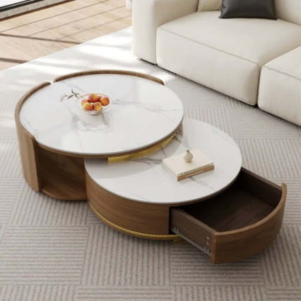 Light luxury minimalist wooden round coffee table vintage center table set sintered stone top modern living room coffee table