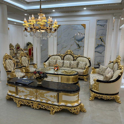 Royal Cream Gold Hand Carved Classic Sofa Set of Supreme Grandeur
